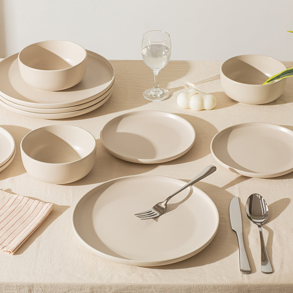 12pcs Matte Cream White Stoneware Reactive Glaze | Scratch Resistant Ceramic Plates and Bowls, Stylish Straight Shape Dinnerware Set for 4, KINGSTONE