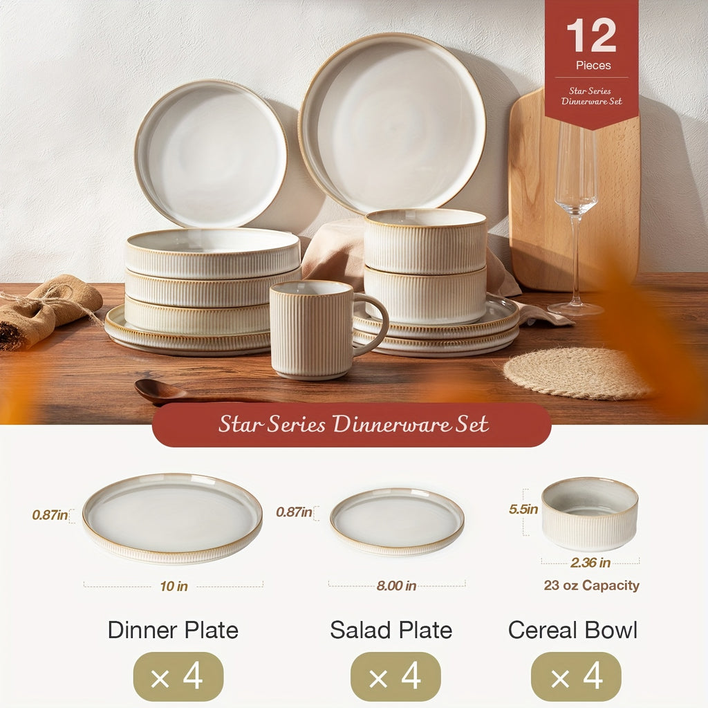 Dinnerware Sets, Plates And Bowls Set for 4, 12pcs Dish Set, Ribbed, Cappuccino White