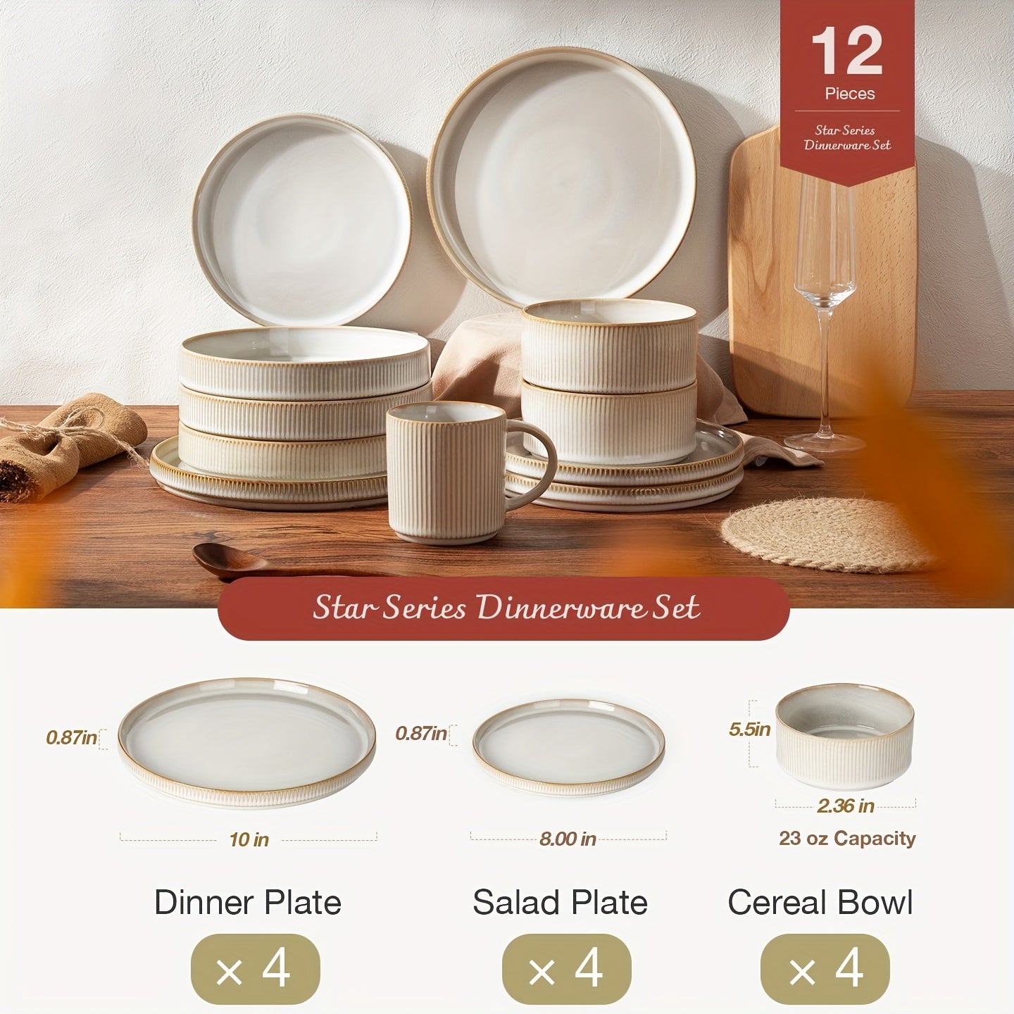 Dinnerware Sets, Plates And Bowls Set for 4, 12pcs Dish Set, Ribbed, Cappuccino White