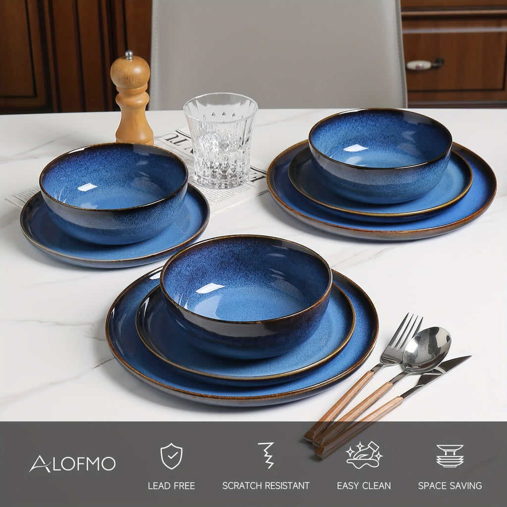 ALOFMO 12pcs Elegant Navy Blue & Golden Accent Dinnerware Set - Stoneware Ceramic Plates, Salad Plates & Bowls, Scratch-Resistant & Anti-Slip, Microwave & Dishwasher Safe, Elegant Deep Blue Glaze, Ideal for Everyday & Formal Dining