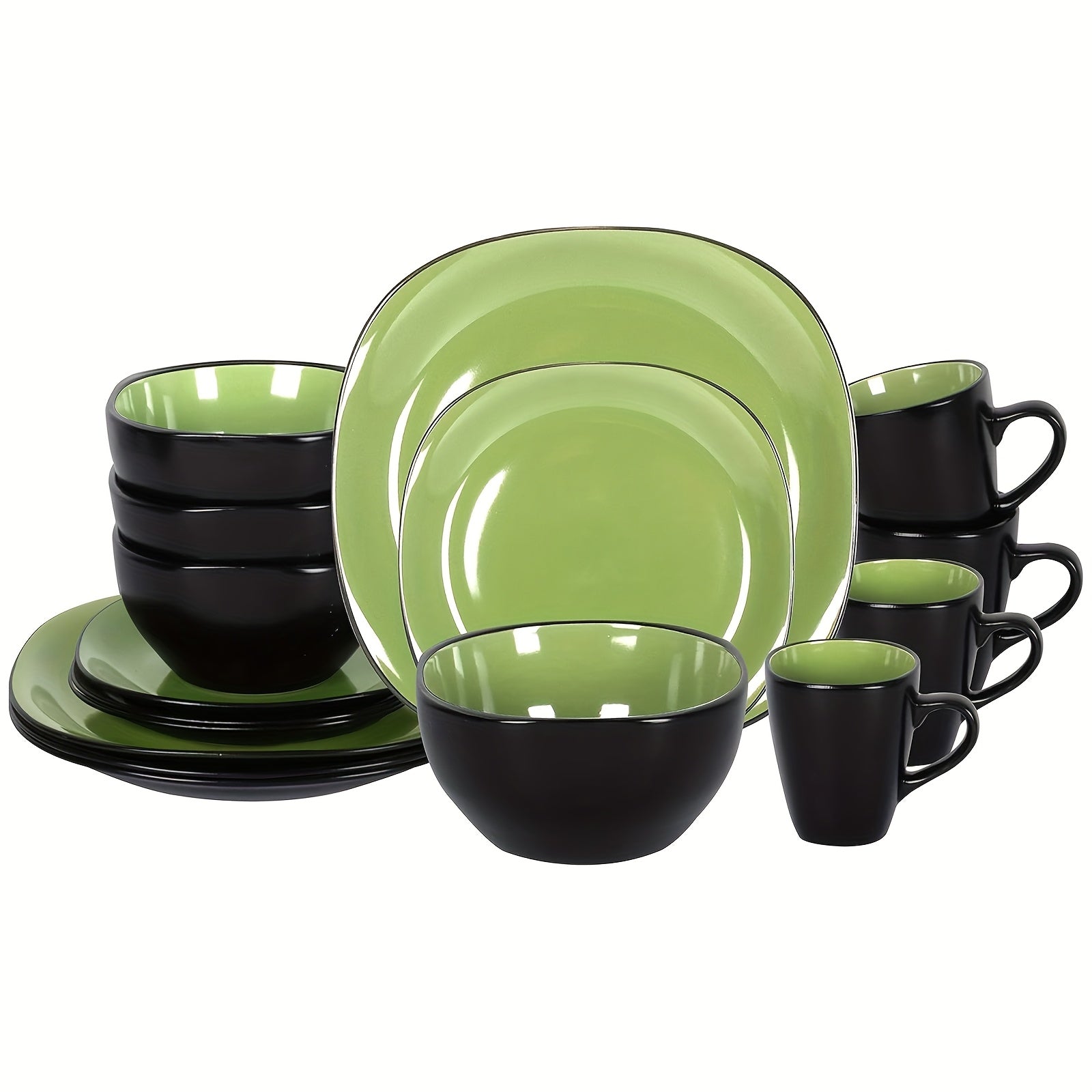 16pcs Square Ceramic Dinnerware Set | 4-Person Dinner Set with Dual-Tone Glaze, Dishwasher & Microwave Safe, Modern Square Plates & Bowls for Everyday Use