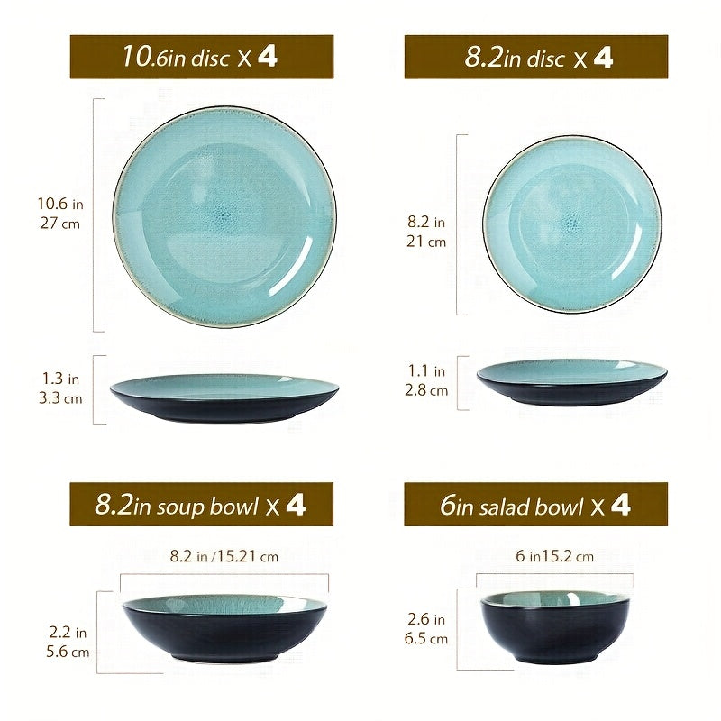 16pcs Handcrafted Kiln-transformed Green Ceramic Tableware Set, 4-person Ceramic Tableware Set - Including Dinner Plates, Salad Plates, And Cereal Bowls - Suitable For Microwave And Dishwasher, Scratch-resistant, Tableware Set, Perfect For Christm