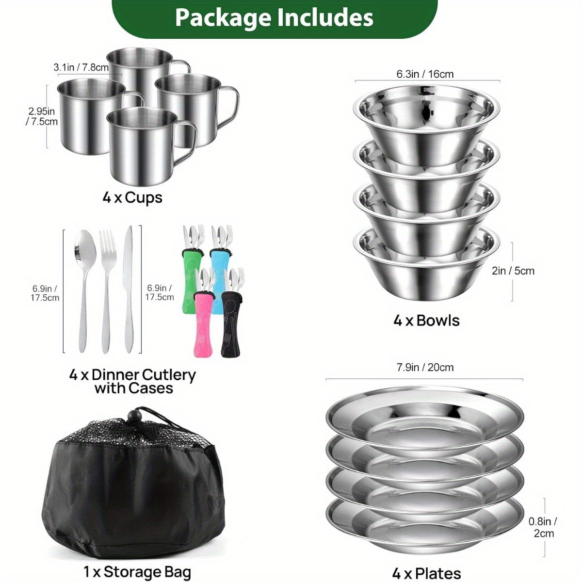 29pcs Stainless Steel Utensils Camping Tableware Kit with Bowls Plates Cups Forks Spoons and Knives for 4, Cutlery Flatware Set for Backpacking, Outdoor Camping Hiking and Picnic