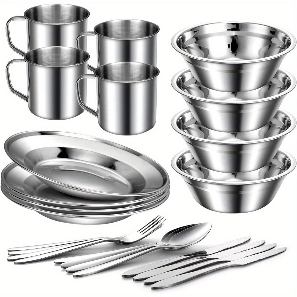 29pcs Stainless Steel Utensils Camping Tableware Kit with Bowls Plates Cups Forks Spoons and Knives for 4, Cutlery Flatware Set for Backpacking, Outdoor Camping Hiking and Picnic