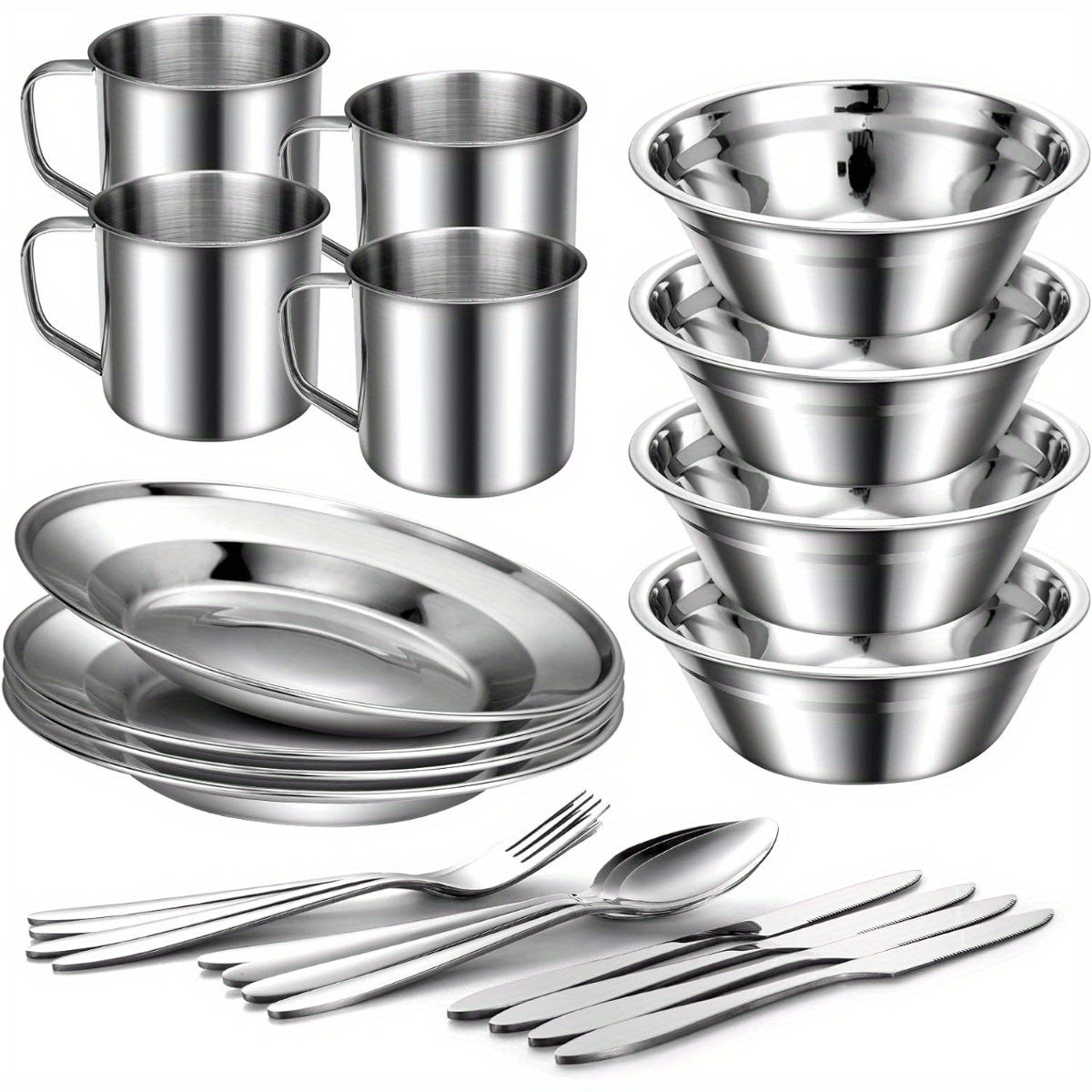 29pcs Stainless Steel Utensils Camping Tableware Kit with Bowls Plates Cups Forks Spoons and Knives for 4, Cutlery Flatware Set for Backpacking, Outdoor Camping Hiking and Picnic