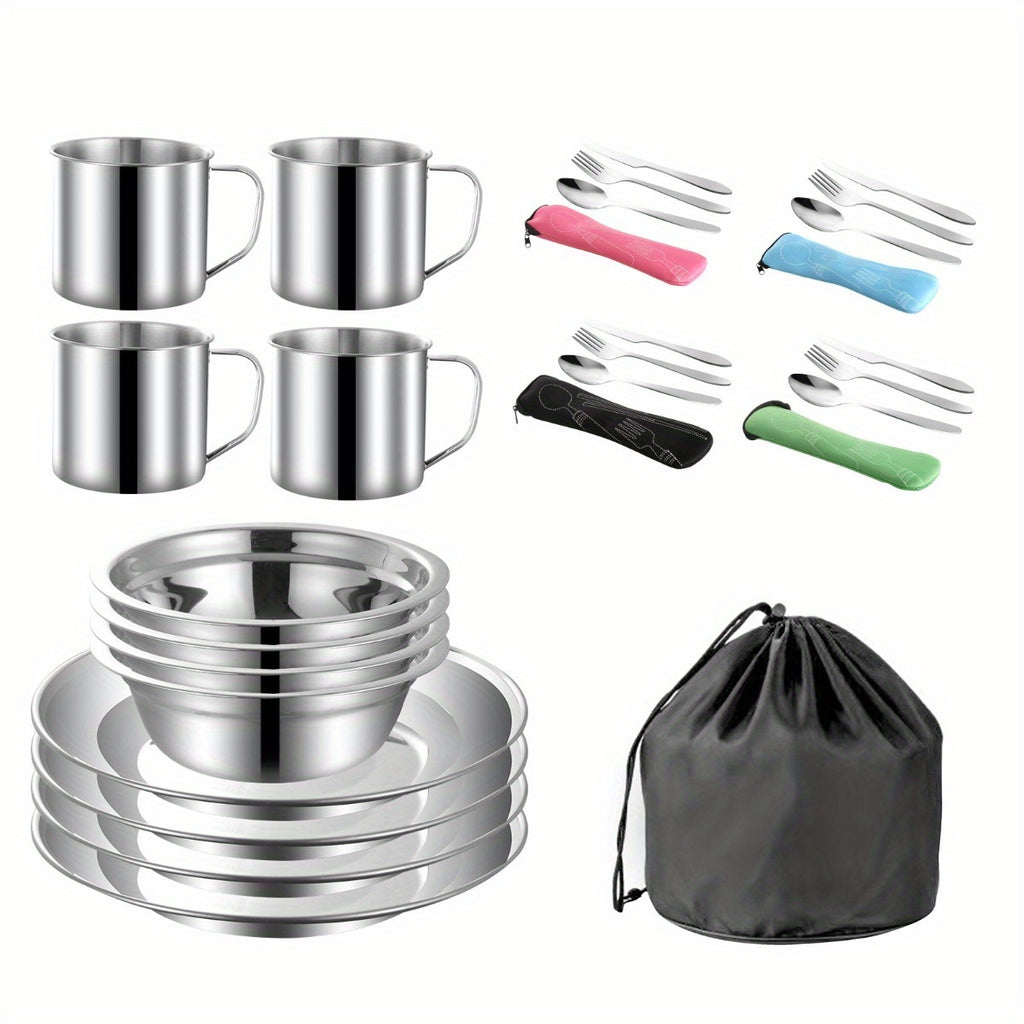 29pcs Stainless Steel Utensils Camping Tableware Kit with Bowls Plates Cups Forks Spoons and Knives for 4, Cutlery Flatware Set for Backpacking, Outdoor Camping Hiking and Picnic
