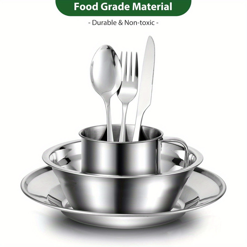 29pcs Stainless Steel Utensils Camping Tableware Kit with Bowls Plates Cups Forks Spoons and Knives for 4, Cutlery Flatware Set for Backpacking, Outdoor Camping Hiking and Picnic