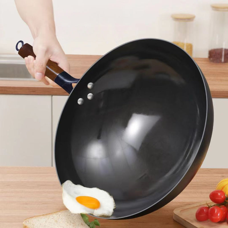 13.39inch Round Bottom Household Non-Coated Pure Iron Earless Wok - Wooden Handle Frying Pan for Stir-Fry, Fried Foods and Cooking - Essential Kitchen Tool