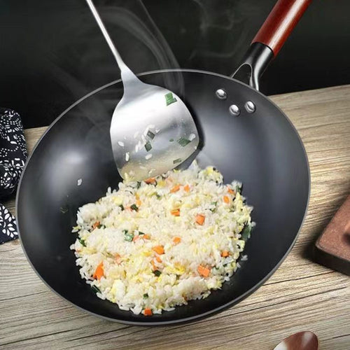13.39inch Round Bottom Household Non-Coated Pure Iron Earless Wok - Wooden Handle Frying Pan for Stir-Fry, Fried Foods and Cooking - Essential Kitchen Tool