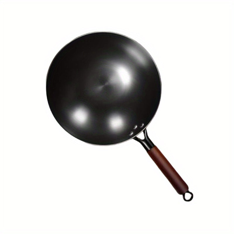 13.39inch Round Bottom Household Non-Coated Pure Iron Earless Wok - Wooden Handle Frying Pan for Stir-Fry, Fried Foods and Cooking - Essential Kitchen Tool