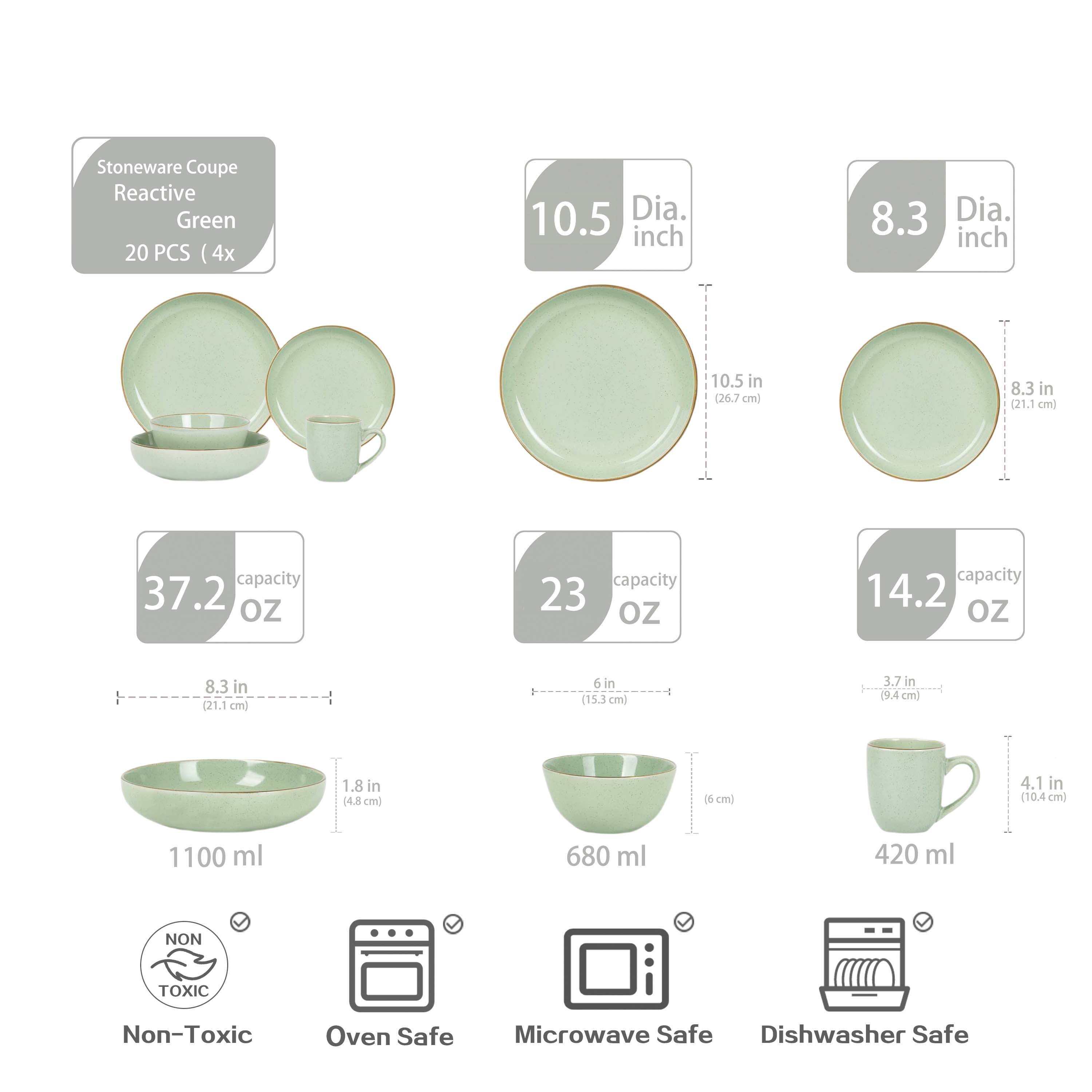 20-Piece Kitchen Must Haves Euro Nordic Reactive Glaze Dinnerware Set-10.5in Dinner Plate\u002F8in Salad Plate\u002F8in Dinner Bowl\u002F6in Cereal Bowl\u002FMugs kitchen accessories Service for 4 People
