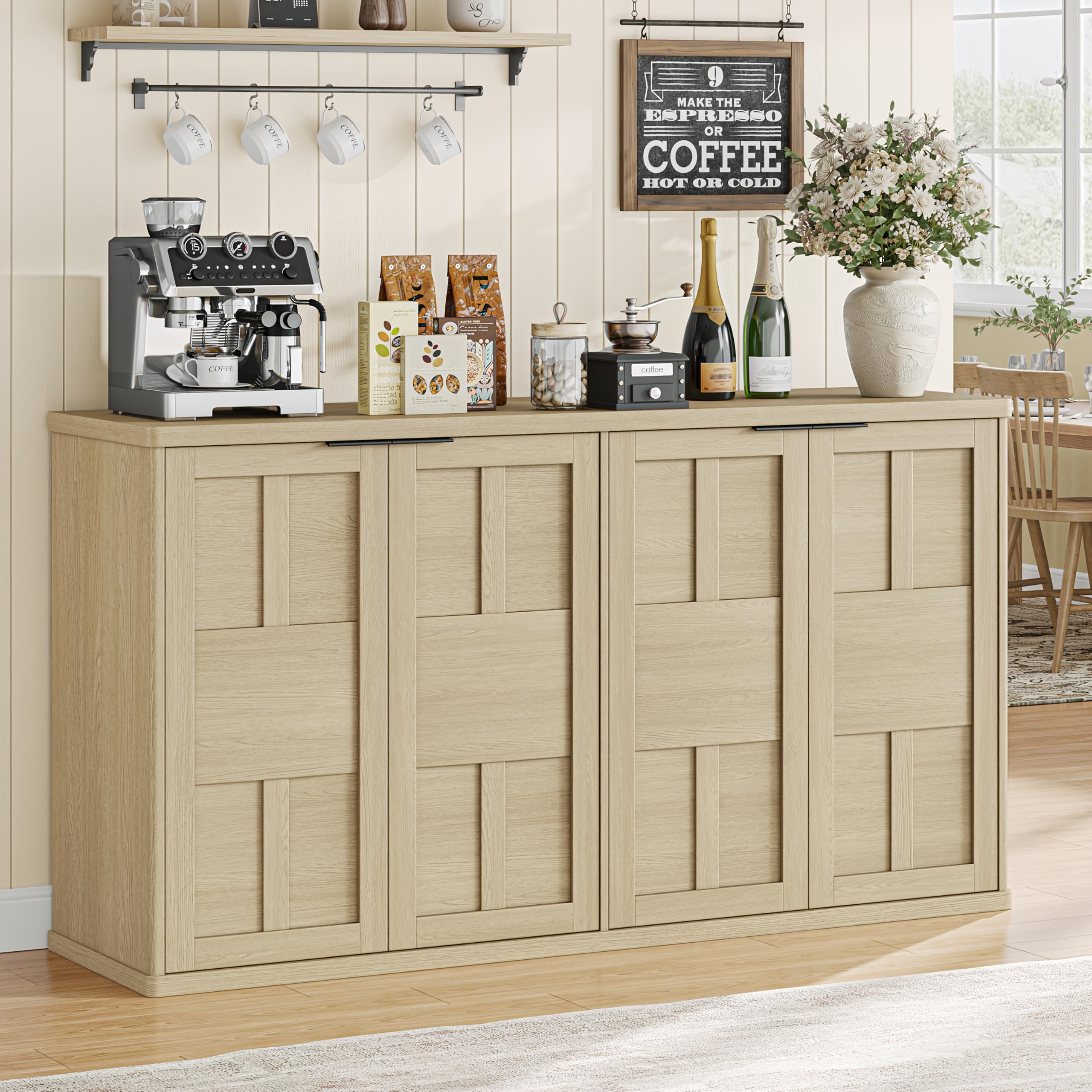 60-Inch Compact Side Cabinet Buffet, Equipped with 4 Intricately Designed Doors And Shelves, a Kitchen Storage Unit in Medieval Style, Offering Ample Storage Space on The Countertop, And Serving As a Coffee Bar Table