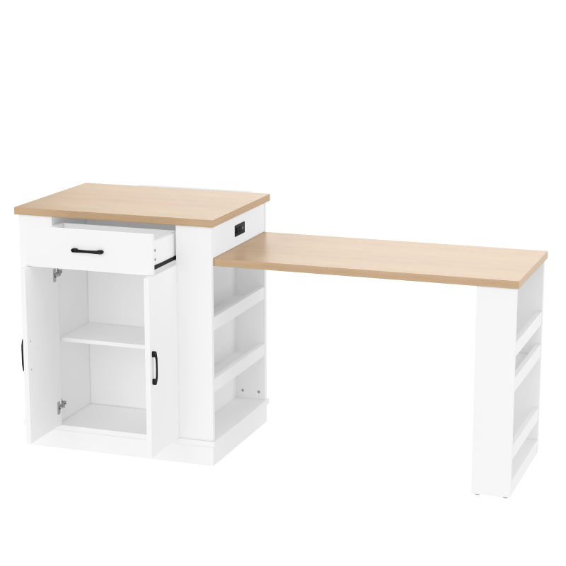White Modern Extendable Island with Double-Door Cabinet, Open Shelving & Drawers - Multi-Functional Breakfast Bar\u002FDining Table\u002FLounge, Expandable MDF & Particle Board Furniture for small Spaces (Assembly Required) 80.7\