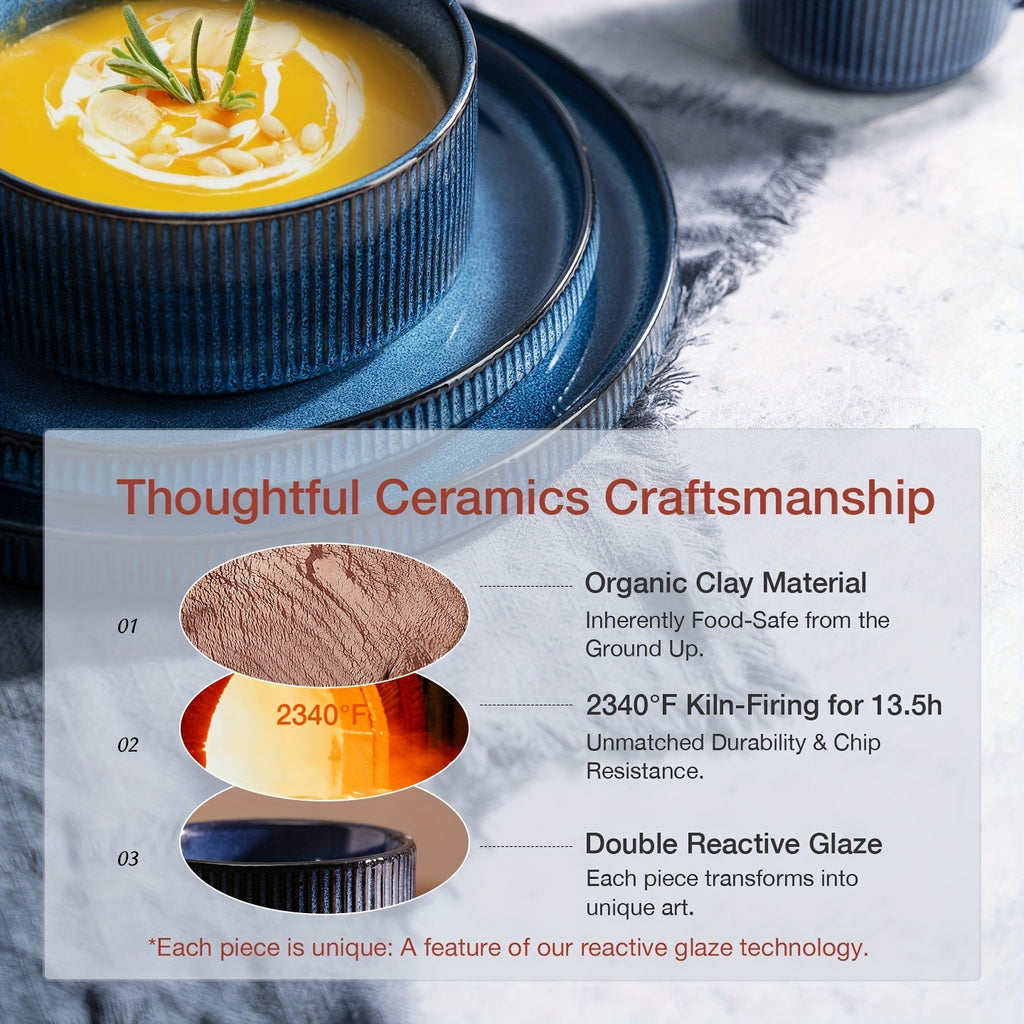 12pcs Stoneware Dinnerware Sets, Round Plates And Bowls Set for 4, Ribbed, Dishwasher And Microwave-safe, Nebulas Blue, Best for Christmas, Perfect for Thanksgiving, Perfect for Easter, Perfect for Halloween, Kitchen Accessories