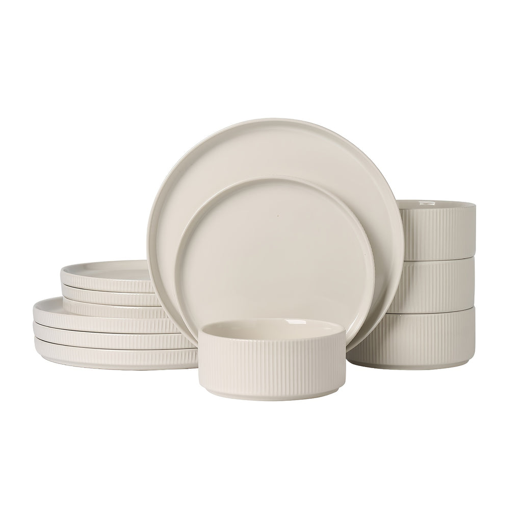 ALOFMO Ceramic Dinnerware Sets For 4, 12pcs Stoneware Plates And Bowls Sets, Reactive Glaze Dish Set, Chip And Scratch Resistant Double, Microwave And Dishwasher Safe, White