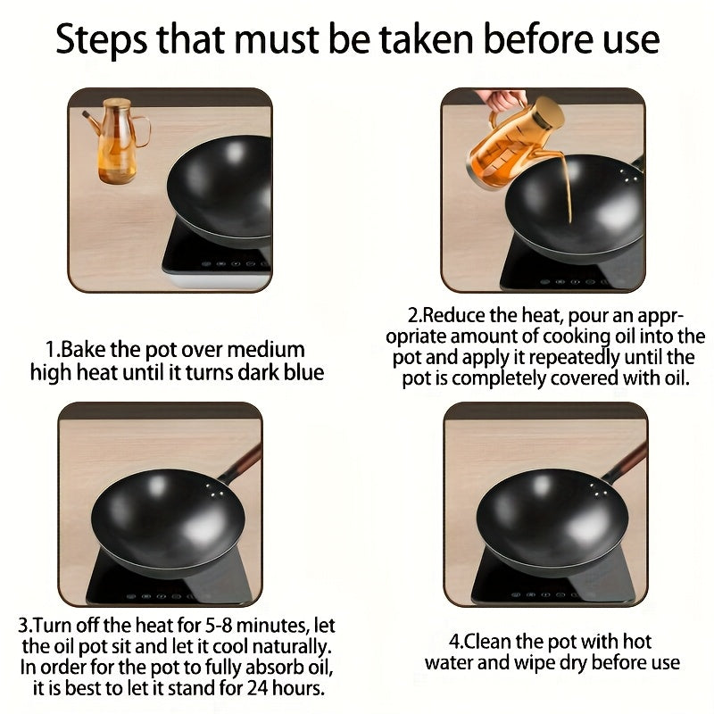 13.39inch Round Bottom Household Non-Coated Pure Iron Earless Wok - Wooden Handle Frying Pan for Stir-Fry, Fried Foods and Cooking - Essential Kitchen Tool