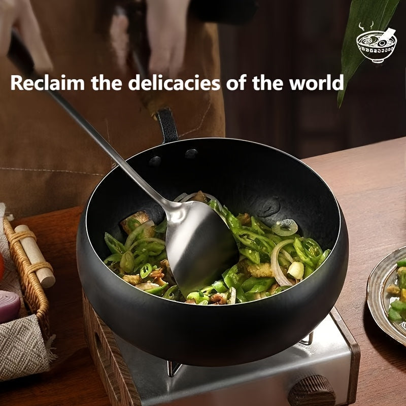 Hand-Hammered Cast Iron Wok - Non-Stick Deep Belly Design, Forged Without Coating, Induction & Gas Stove Compatible, Multi-Functional Pan for Home, Commercial & Outdoor Camping Use