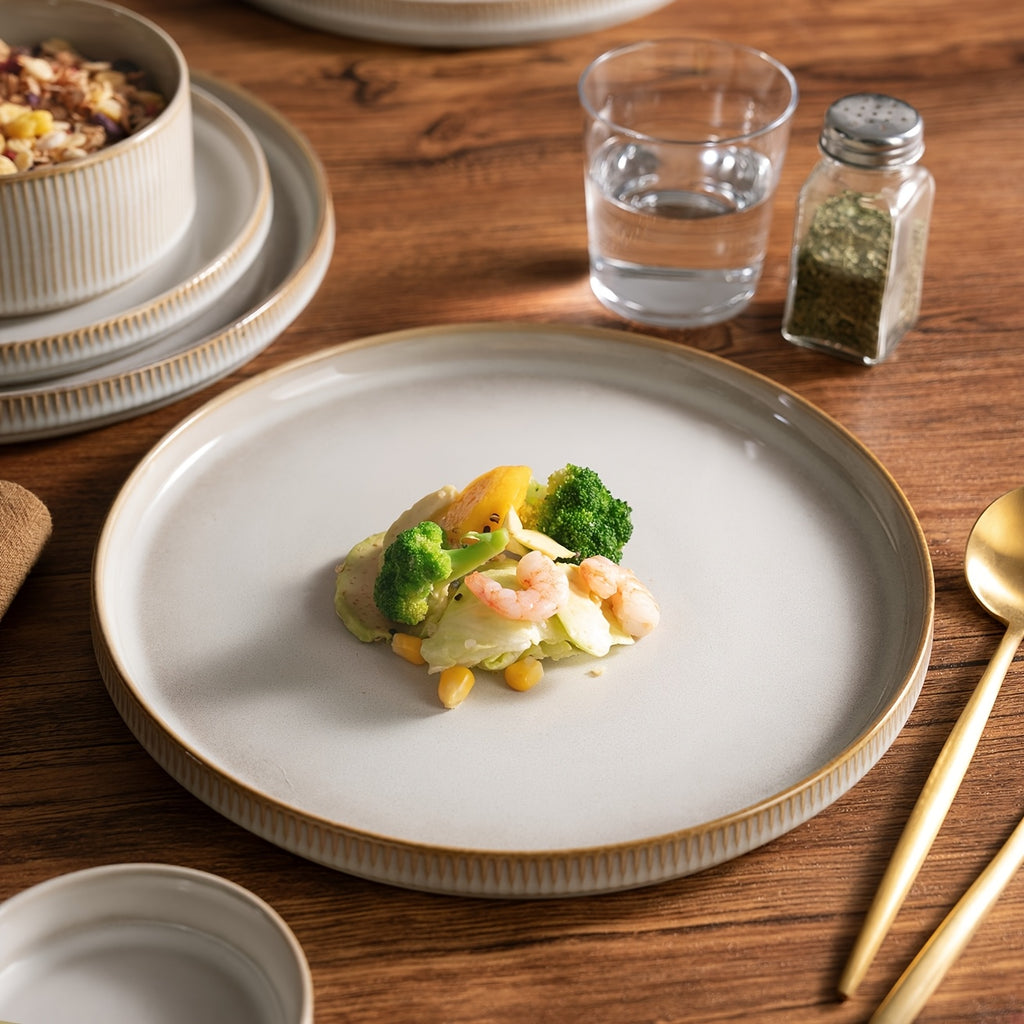 Dinnerware Sets, Plates And Bowls Set for 4, 12pcs Dish Set, Ribbed, Cappuccino White