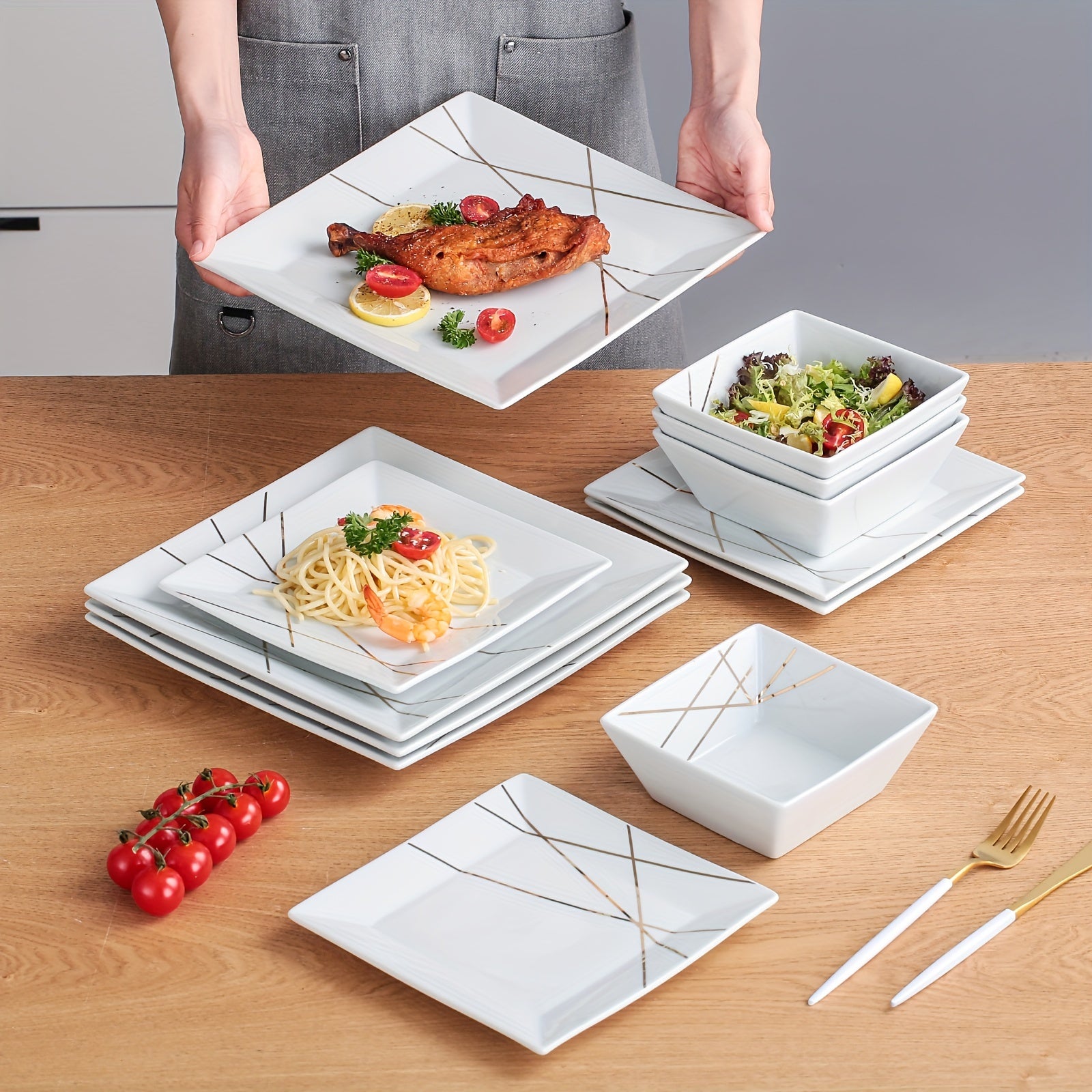 Solid-color Ceramic Tableware Set Of 12pcs, Luxurious Style Golden Line Dinner Plates, 10-inch And 7.6-inch Pasta Plates, Dessert Plates, Salad Plates, Bowls, Soup Bowls, Set Of Tableware, Suitable for Home And Restaurant Use, Christmas Gift