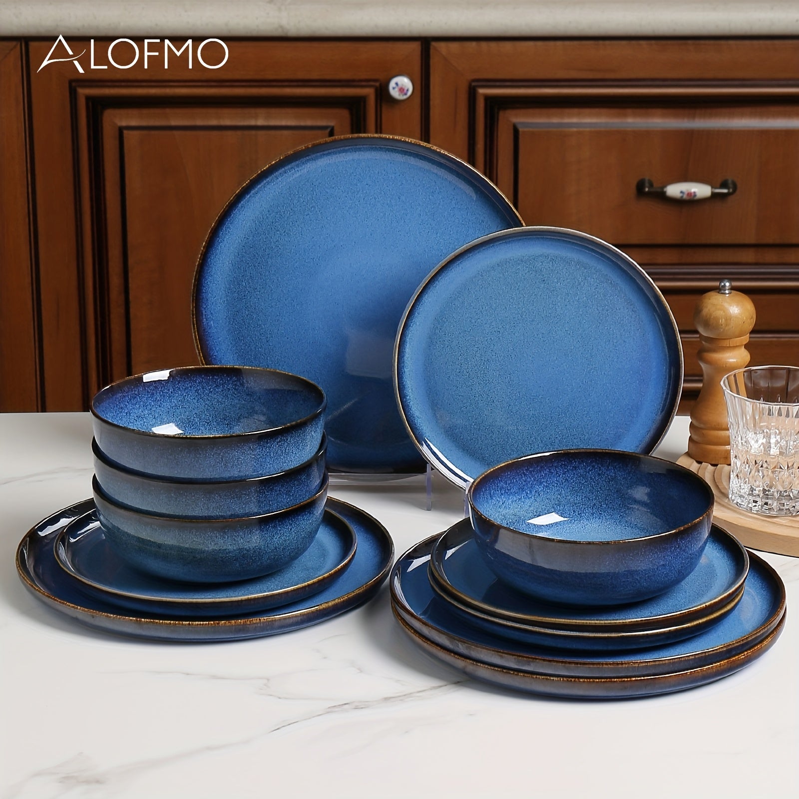 ALOFMO 12pcs Elegant Navy Blue & Golden Accent Dinnerware Set - Stoneware Ceramic Plates, Salad Plates & Bowls, Scratch-Resistant & Anti-Slip, Microwave & Dishwasher Safe, Elegant Deep Blue Glaze, Ideal for Everyday & Formal Dining