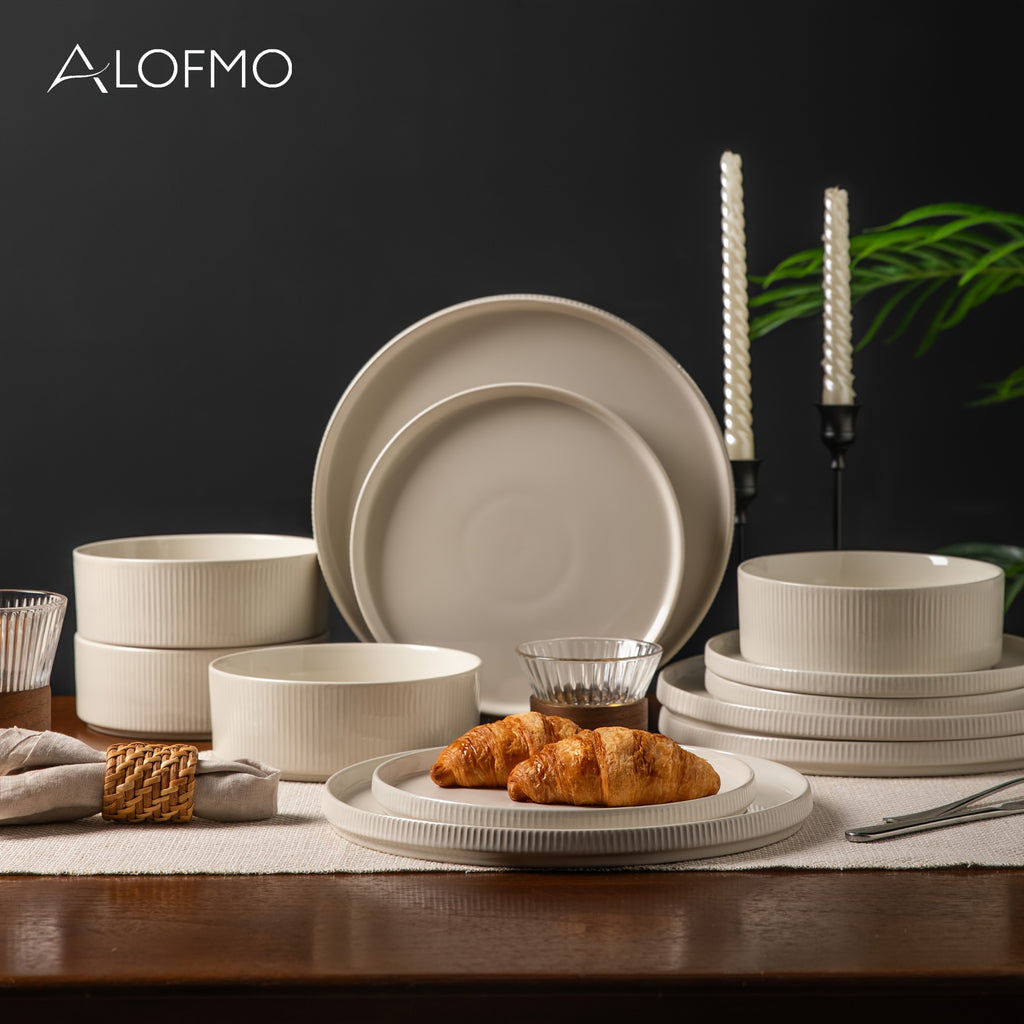 ALOFMO Ceramic Dinnerware Sets For 4, 12pcs Stoneware Plates And Bowls Sets, Reactive Glaze Dish Set, Chip And Scratch Resistant Double, Microwave And Dishwasher Safe, White
