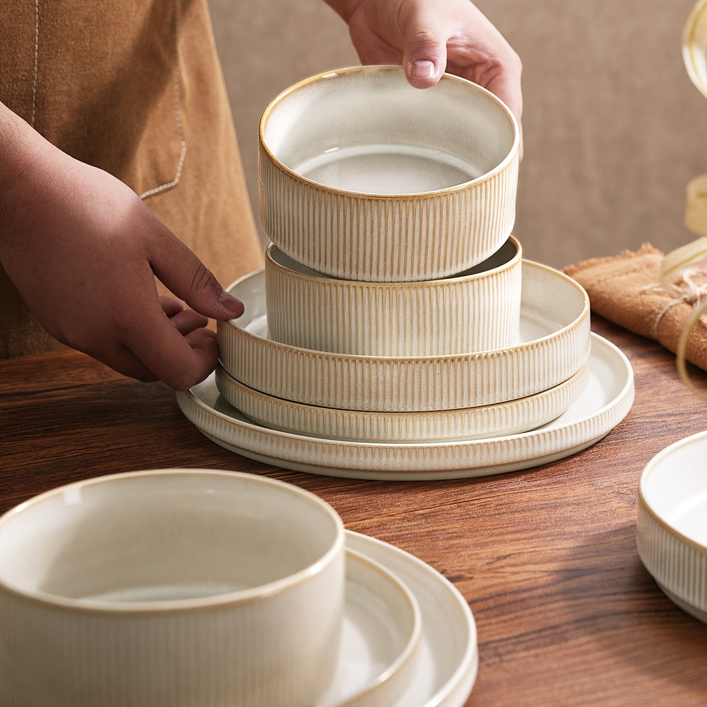 Dinnerware Sets, Plates And Bowls Set for 4, 12pcs Dish Set, Ribbed, Cappuccino White
