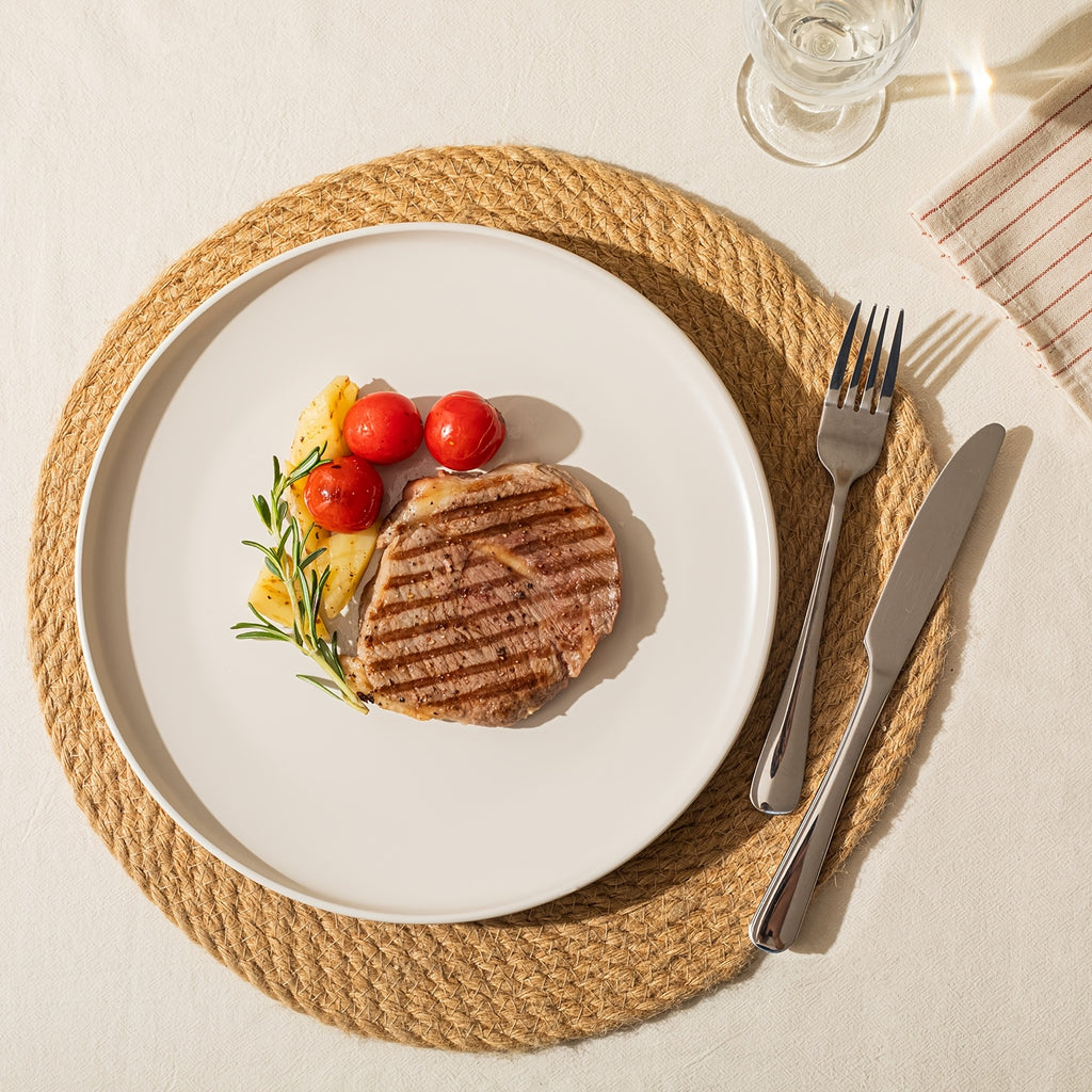 12pcs Matte Cream White Stoneware Reactive Glaze | Scratch Resistant Ceramic Plates and Bowls, Stylish Straight Shape Dinnerware Set for 4, KINGSTONE