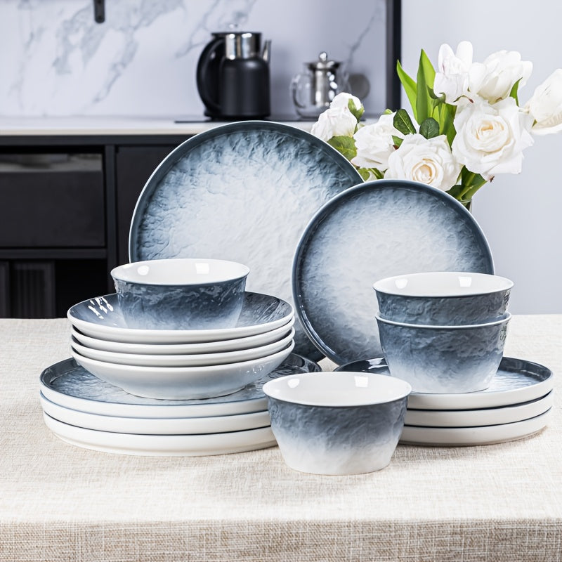 16 High-quality Gradient Blue Ceramic Plates, Bowls And Dishes, Ceramic Tableware, Suitable for 4 People Kitchen Tableware Set, Dishwasher And Microwave Safe, Suitable for Family Gatherings Kitchen Tableware Set, Wedding, Party, Christmas Tableware