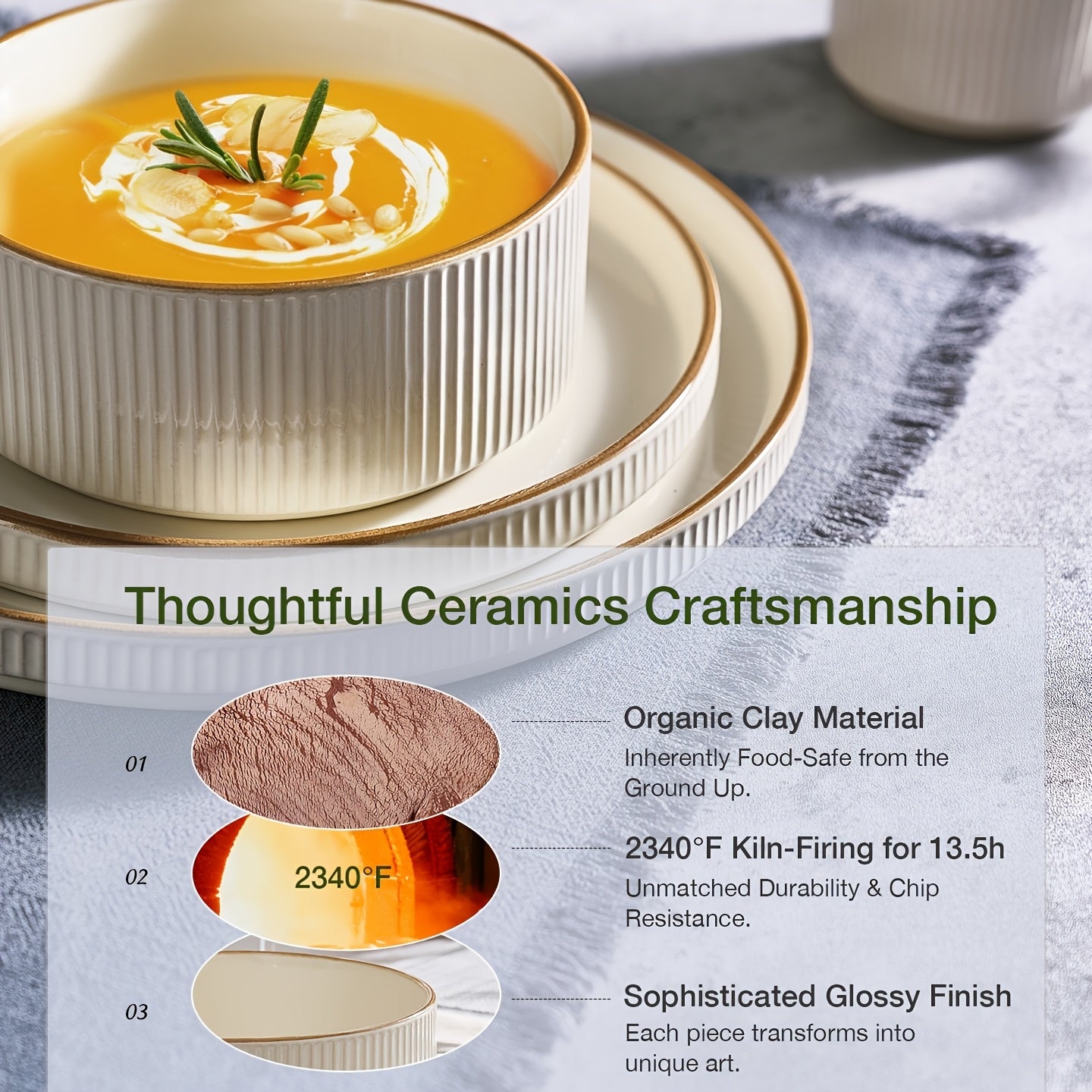 Dinnerware Sets, Plates And Bowls Set for 4, 12pcs Dish Set, Ribbed, Cappuccino White