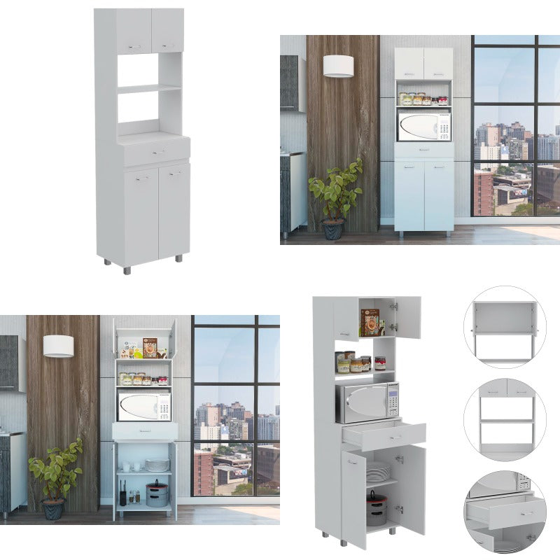 Pembrooke 2-Shelf 1-Drawer Microwave Pantry Cabinet | White, Vintage Style, Non-Electric