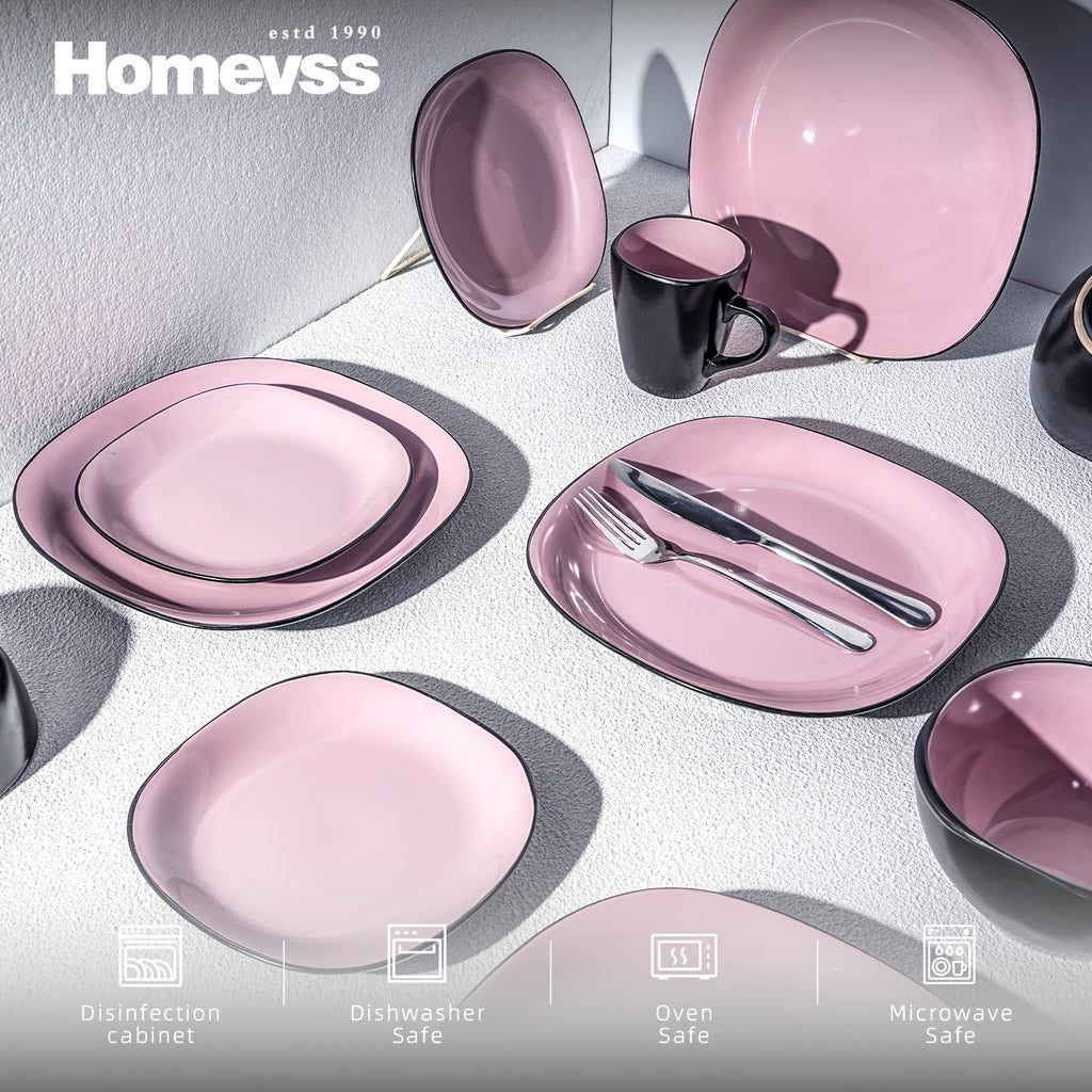 16pcs Square Ceramic Dinnerware Set | 4-Person Dinner Set with Dual-Tone Glaze, Dishwasher & Microwave Safe, Modern Square Plates & Bowls for Everyday Use