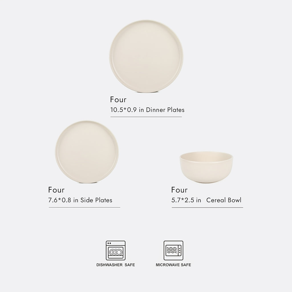 12pcs Matte Cream White Stoneware Reactive Glaze | Scratch Resistant Ceramic Plates and Bowls, Stylish Straight Shape Dinnerware Set for 4, KINGSTONE
