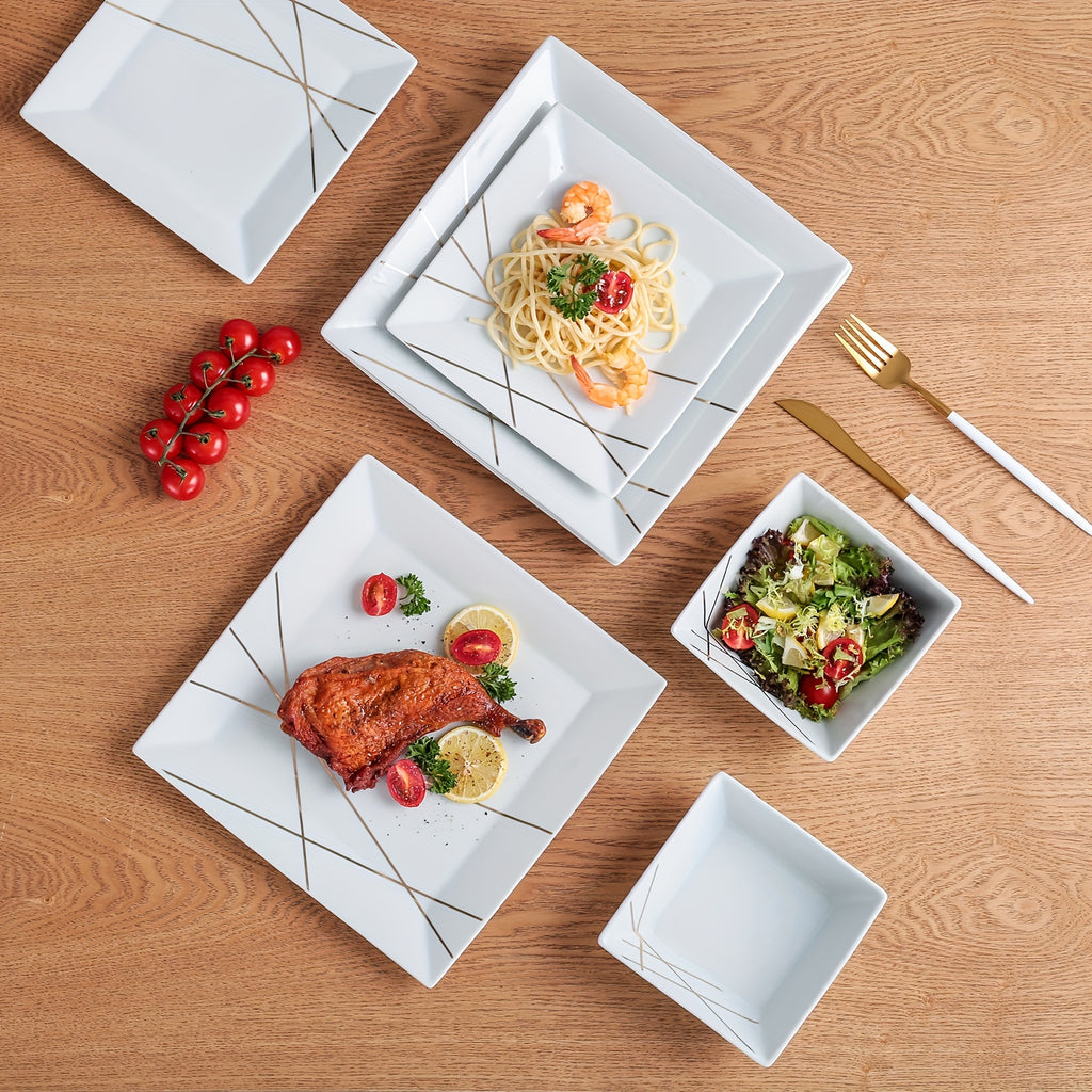 Solid-color Ceramic Tableware Set Of 12pcs, Luxurious Style Golden Line Dinner Plates, 10-inch And 7.6-inch Pasta Plates, Dessert Plates, Salad Plates, Bowls, Soup Bowls, Set Of Tableware, Suitable for Home And Restaurant Use, Christmas Gift