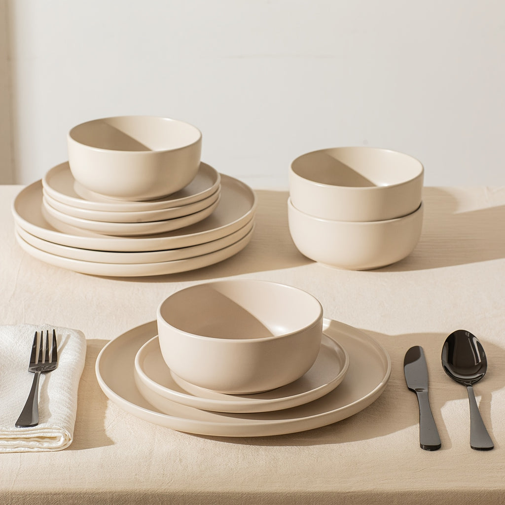 12pcs Matte Cream White Stoneware Reactive Glaze | Scratch Resistant Ceramic Plates and Bowls, Stylish Straight Shape Dinnerware Set for 4, KINGSTONE
