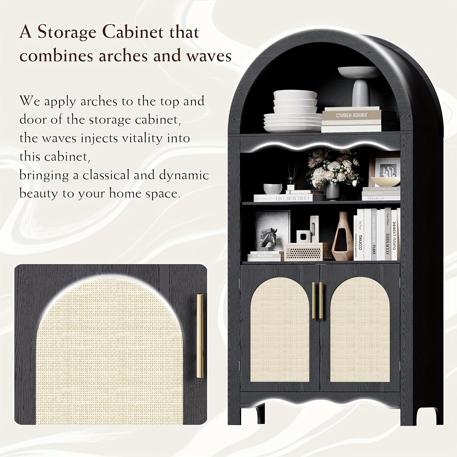 Set of Two 63-Inch Arched Kitchen Pantry Cabinets Featuring Rattan Doors And Adjustable Shelves, Ideal for Versatile Storage in The Kitchen, Dining Room, Living Room, Or Entryway, Available in Black