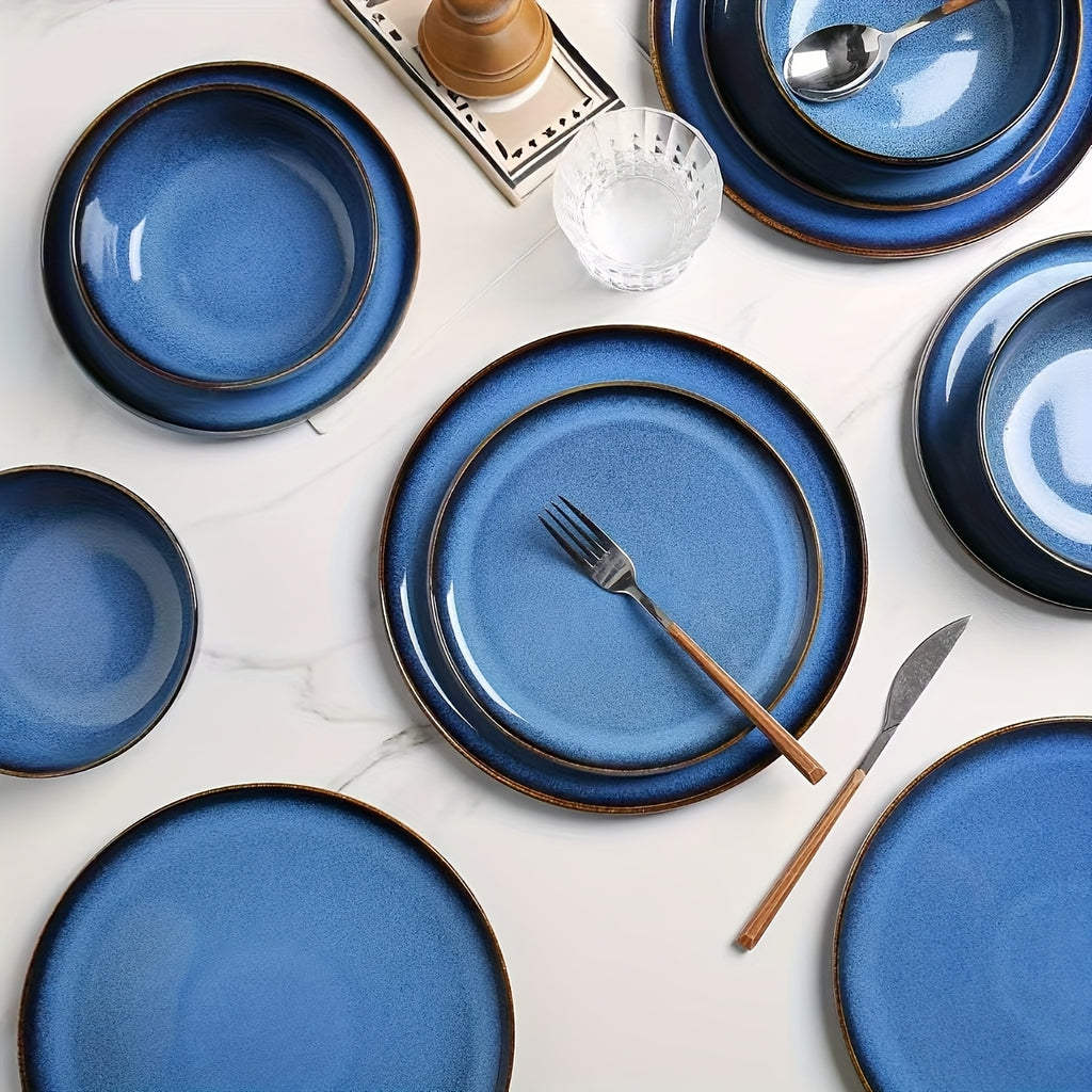 ALOFMO 12pcs Elegant Navy Blue & Golden Accent Dinnerware Set - Stoneware Ceramic Plates, Salad Plates & Bowls, Scratch-Resistant & Anti-Slip, Microwave & Dishwasher Safe, Elegant Deep Blue Glaze, Ideal for Everyday & Formal Dining