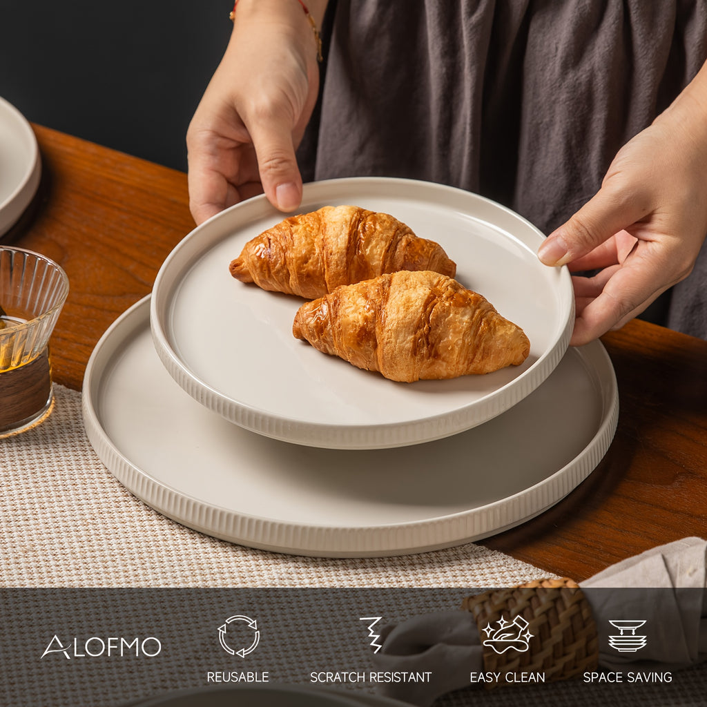 ALOFMO Ceramic Dinnerware Sets For 4, 12pcs Stoneware Plates And Bowls Sets, Reactive Glaze Dish Set, Chip And Scratch Resistant Double, Microwave And Dishwasher Safe, White