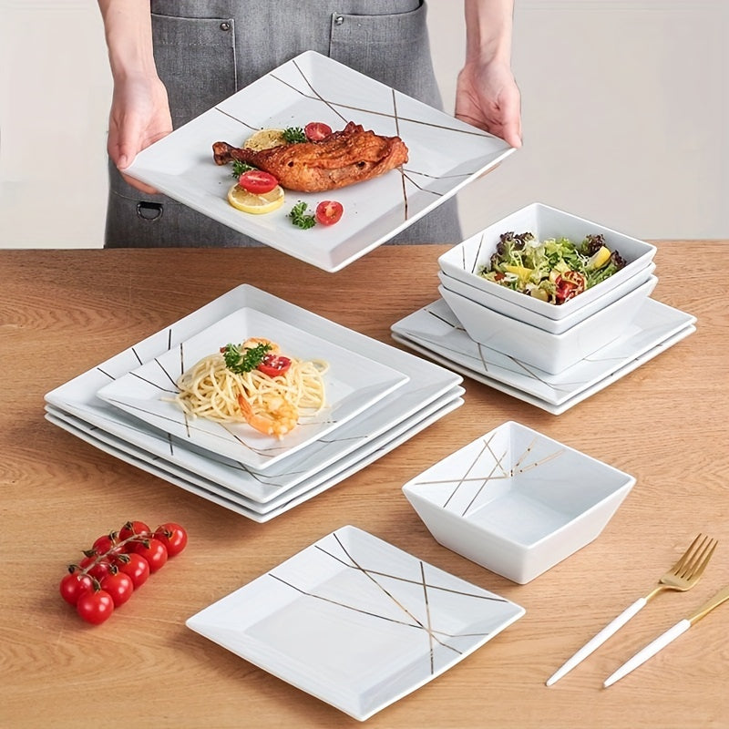 Solid-color Ceramic Tableware Set Of 12pcs, Luxurious Style Golden Line Dinner Plates, 10-inch And 7.6-inch Pasta Plates, Dessert Plates, Salad Plates, Bowls, Soup Bowls, Set Of Tableware, Suitable for Home And Restaurant Use, Christmas Gift