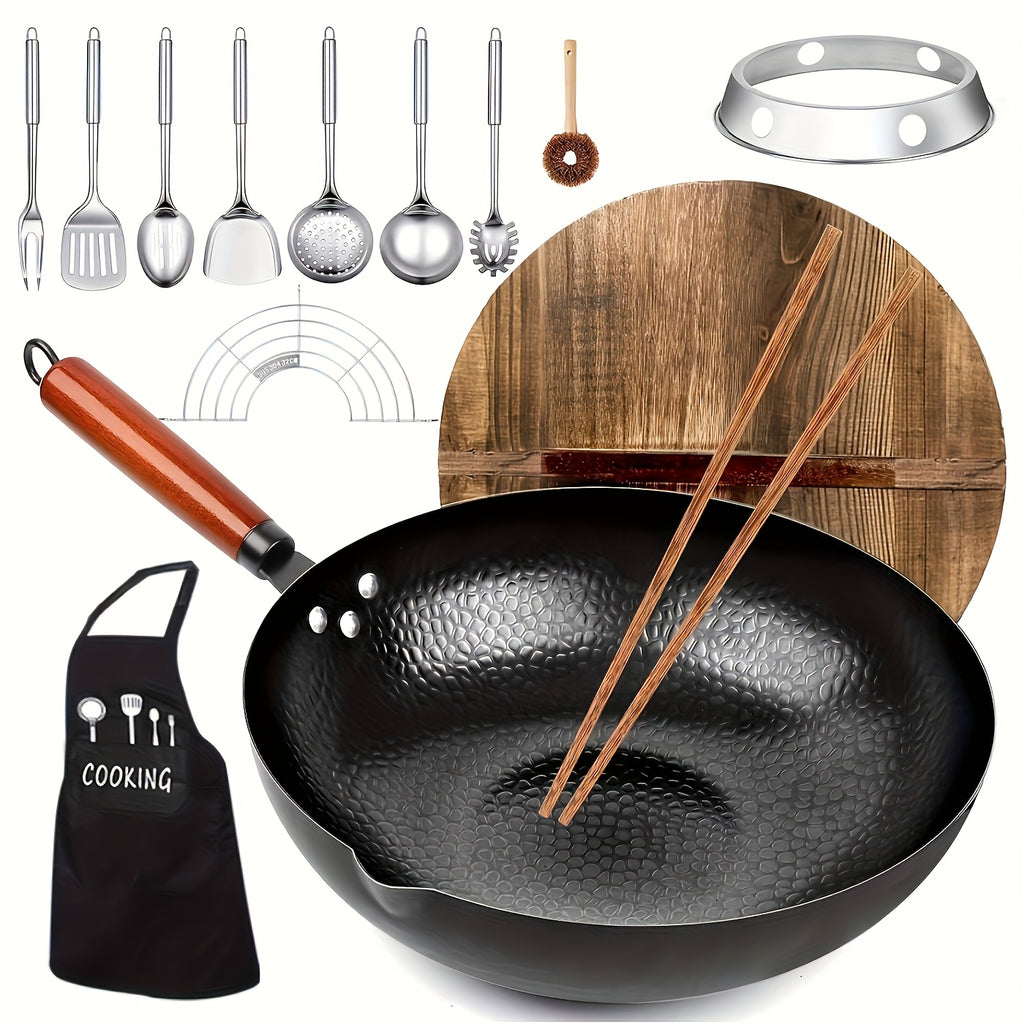 Cast Iron Frying Pan Wok Set - Nonstick, 12.6 Inch Pan With 13 Cookware Accessories, Suitable For All Stoves, Kitchen Utensils, Kitchen Tools, Kitchen Accessory, Kitchen Supplies Camping