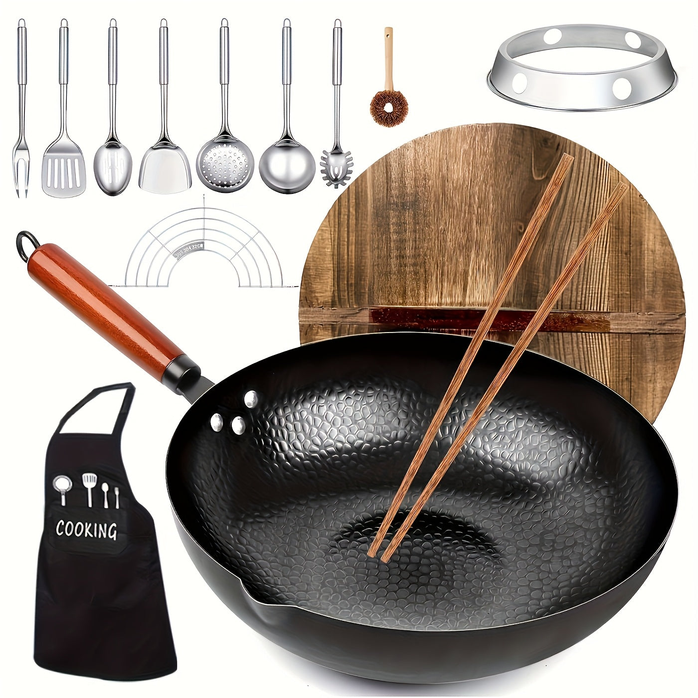 Cast Iron Frying Pan Wok Set - Nonstick, 12.6 Inch Pan With 13 Cookware Accessories, Suitable For All Stoves, Kitchen Utensils, Kitchen Tools, Kitchen Accessory, Kitchen Supplies Camping