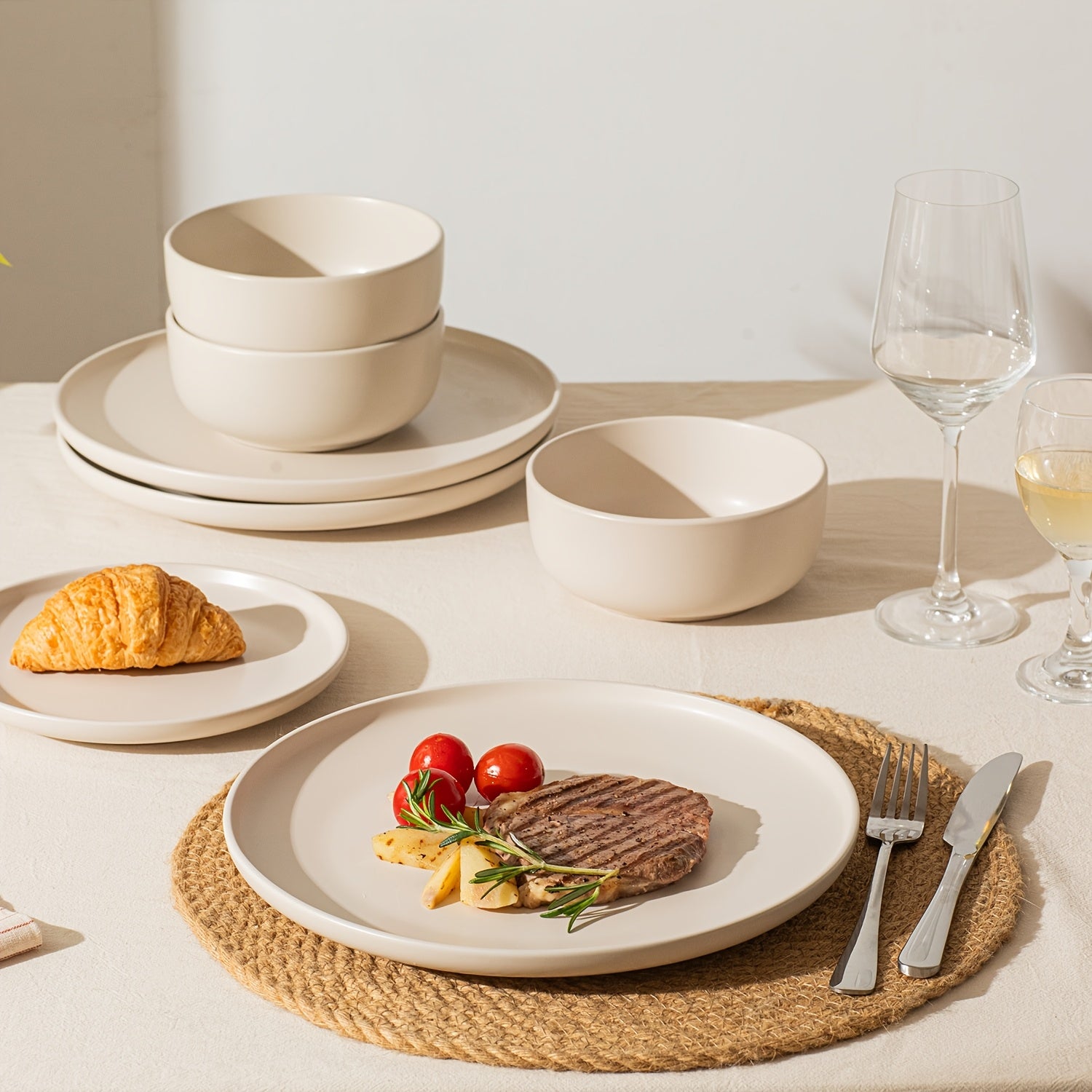 12pcs Matte Cream White Stoneware Reactive Glaze | Scratch Resistant Ceramic Plates and Bowls, Stylish Straight Shape Dinnerware Set for 4, KINGSTONE