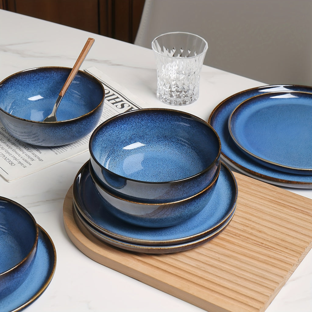 ALOFMO 12pcs Elegant Navy Blue & Golden Accent Dinnerware Set - Stoneware Ceramic Plates, Salad Plates & Bowls, Scratch-Resistant & Anti-Slip, Microwave & Dishwasher Safe, Elegant Deep Blue Glaze, Ideal for Everyday & Formal Dining