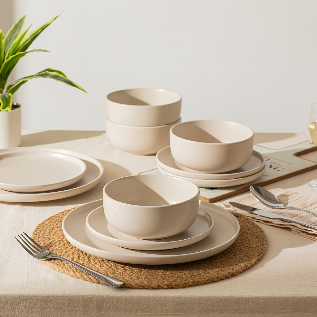 12pcs Matte Cream White Stoneware Reactive Glaze | Scratch Resistant Ceramic Plates and Bowls, Stylish Straight Shape Dinnerware Set for 4, KINGSTONE