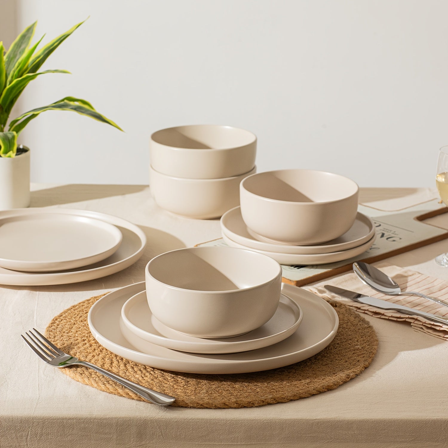 12pcs Matte Cream White Stoneware Reactive Glaze | Scratch Resistant Ceramic Plates and Bowls, Stylish Straight Shape Dinnerware Set for 4, KINGSTONE