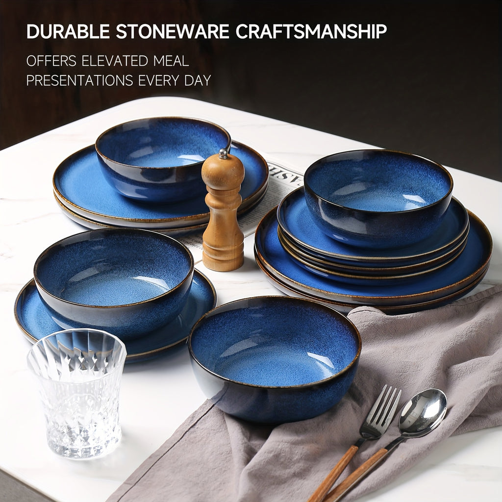 ALOFMO 12pcs Elegant Navy Blue & Golden Accent Dinnerware Set - Stoneware Ceramic Plates, Salad Plates & Bowls, Scratch-Resistant & Anti-Slip, Microwave & Dishwasher Safe, Elegant Deep Blue Glaze, Ideal for Everyday & Formal Dining