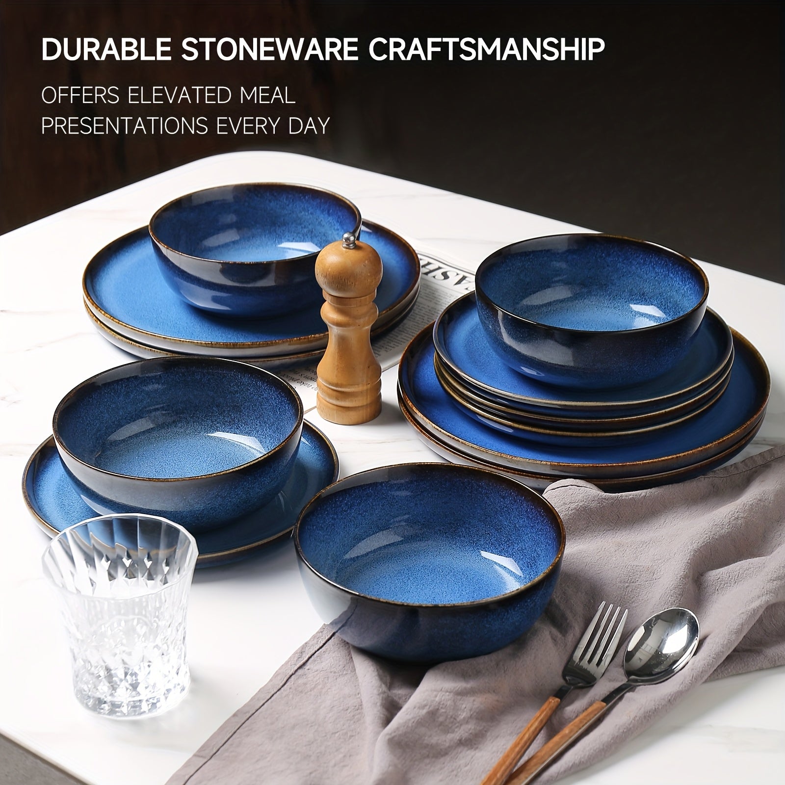ALOFMO 12pcs Elegant Navy Blue & Golden Accent Dinnerware Set - Stoneware Ceramic Plates, Salad Plates & Bowls, Scratch-Resistant & Anti-Slip, Microwave & Dishwasher Safe, Elegant Deep Blue Glaze, Ideal for Everyday & Formal Dining