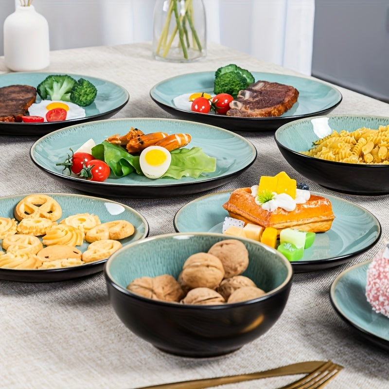 16pcs Handcrafted Kiln-transformed Green Ceramic Tableware Set, 4-person Ceramic Tableware Set - Including Dinner Plates, Salad Plates, And Cereal Bowls - Suitable For Microwave And Dishwasher, Scratch-resistant, Tableware Set, Perfect For Christm