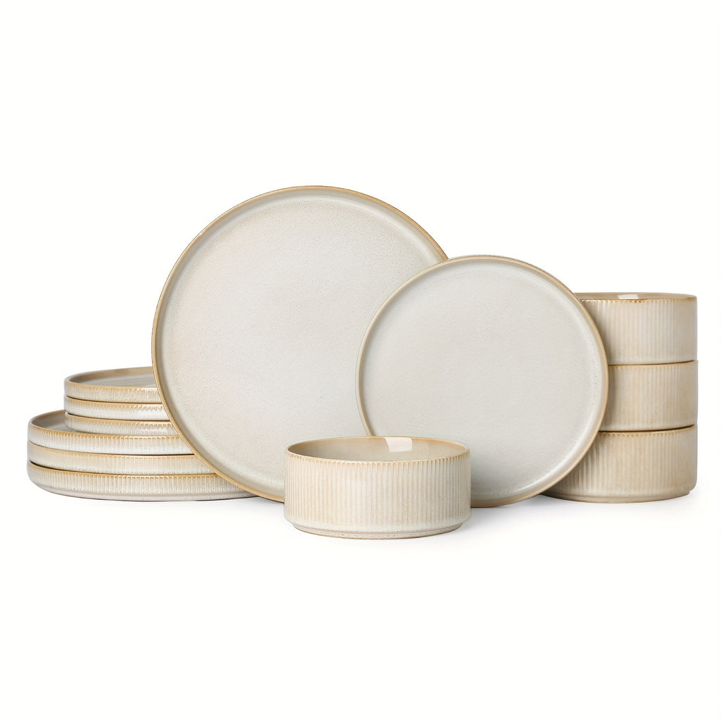 12pcs Striped Cream Beige Ceramic Dinnerware Set, Plate Spaghetti Bowl Soup Bowl Reaction Glaze Dinnerware Set, Modern High-end Ceramic Stoneware, Dishwasher And Microwave Can Be Used, Suitable for Gifts, Parties, Weddings, Family Dinners