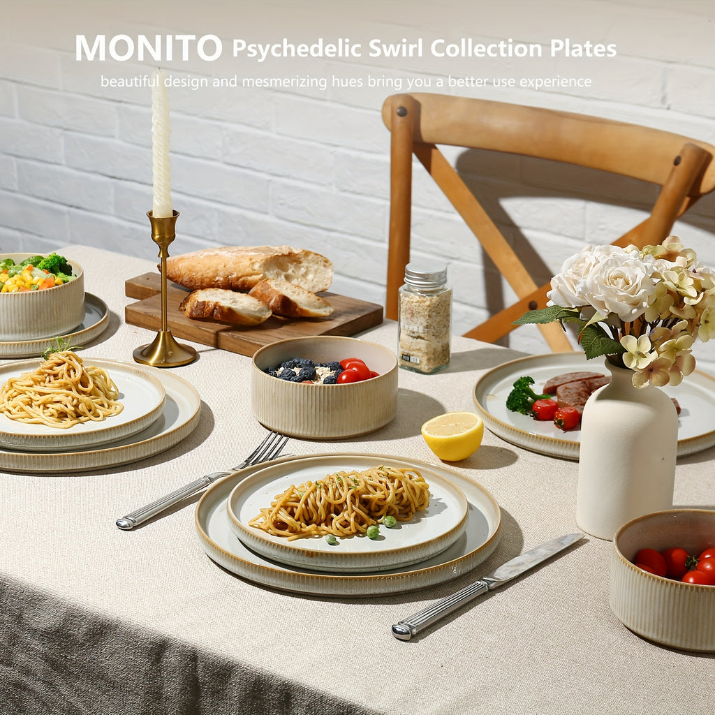 12pcs Striped Cream Beige Ceramic Dinnerware Set, Plate Spaghetti Bowl Soup Bowl Reaction Glaze Dinnerware Set, Modern High-end Ceramic Stoneware, Dishwasher And Microwave Can Be Used, Suitable for Gifts, Parties, Weddings, Family Dinners