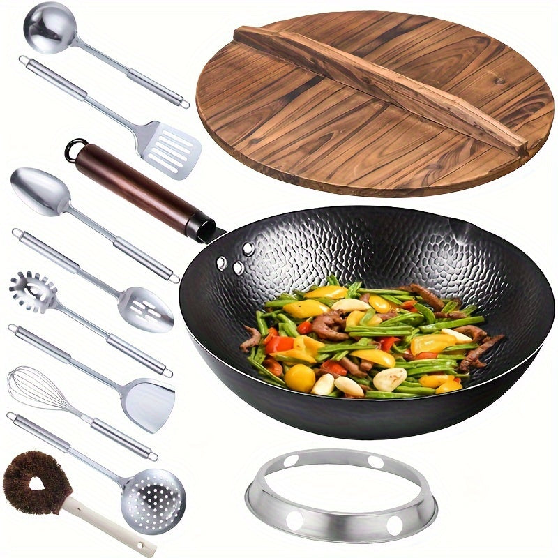 Cast Iron Wok 11pcs Cast Iron Wok, 12.6 Inch Chinese Wok Pan - Flat Bottom Carbon Steel Wok for Induction, Electric, Gas, Halogen, All Stoves, with Kitchen Utensils and Accessories